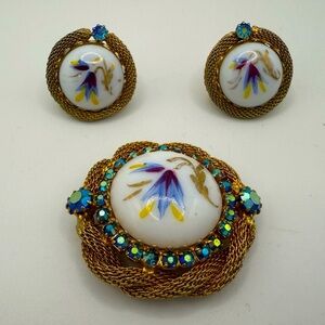 Vintage Hand painted porcelain brooch and earring set